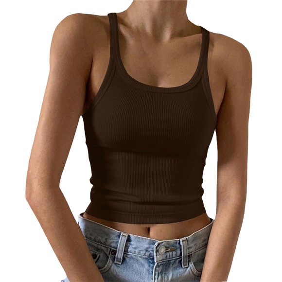 Ketyyh-chn99 Summer Tops for Women Boho Clothes for Women Loose Fit Basic Solid Color Casual Summer Sleeveless Shirts Brown,M