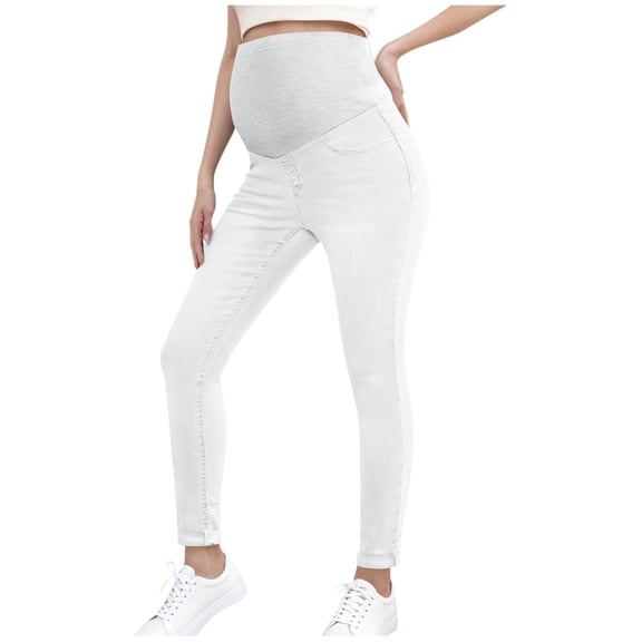 Women's Maternity Jeans Stretch Boyfriend Jeans Over Belly Loose Pregnancy Denim Pants White L
