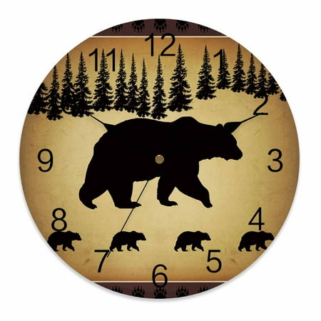 Silent Wall Clocks Battery Operated, Black Vintage Forest Bear Round Decorative Wall Clock for Living Room Bedroom Kitchen Bathroom Classroom Decor, 10 Inch Country Farmhouse Pine Brown