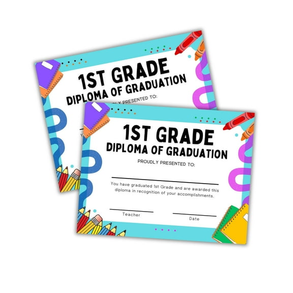 First Grade 1st Diploma Certificate of Graduation 30pk 8.5x11 Teal Blue End of The Year Awards Cap Gown Elementary School Ceremony