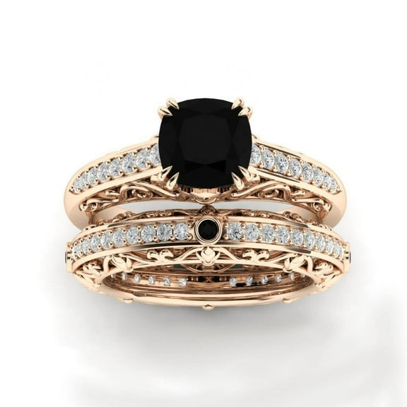 Bluebell Jewels Elegant Cushion Cut Black CZ Bridal Ring Set 14K Yellow Gold Finish Silver for Women
