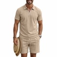 thumbnail image 3 of Havenre Men's Waffle Knit 2 Piece Outfits Summer Casual Half Zipper V Neck Collared T-Shirts and Drawstring Elastic Waist Atheltic Short Pants Set Fashion Tracksuits Khaki XXL, 3 of 10