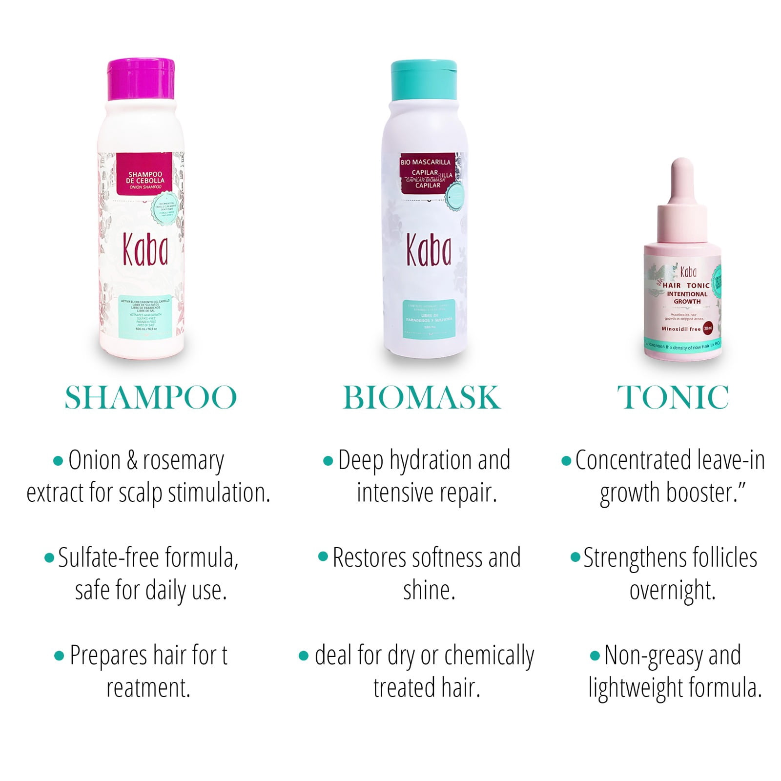 Kaba Hair Growth & Recovey Kit – Onion Shampoo + Biomask + Scalp Tonic – Productos Kaba for Strengthens Roots & Faster Hair Growth