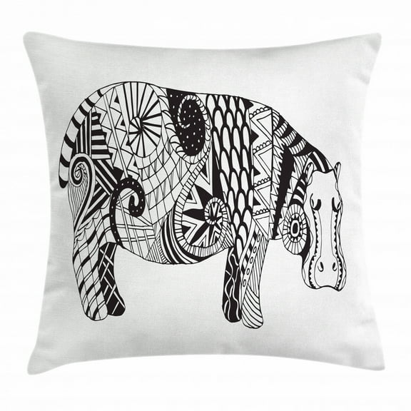 Hippo Throw Pillow Cushion Cover, Stylized Hippo Figure Hand-Drawing Style Print Ornamented with Geometric Forms, Decorative Square Accent Pillow Case, 20 X 20 Inches, Black and White, by Ambesonne