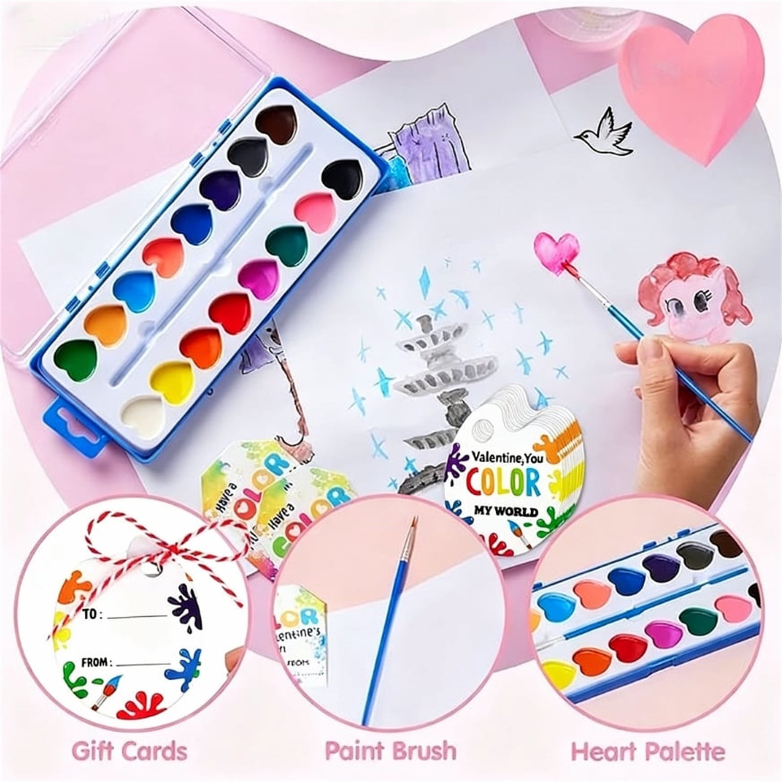 Valentines Day Gifts-16 Colors 36Pc Valentine Watercolor Paint Set,Valentines Party Favors,Valentines Day Gifts For Kids,For Prizes Exchange Gifts Valentines Party Favors For Preschool School