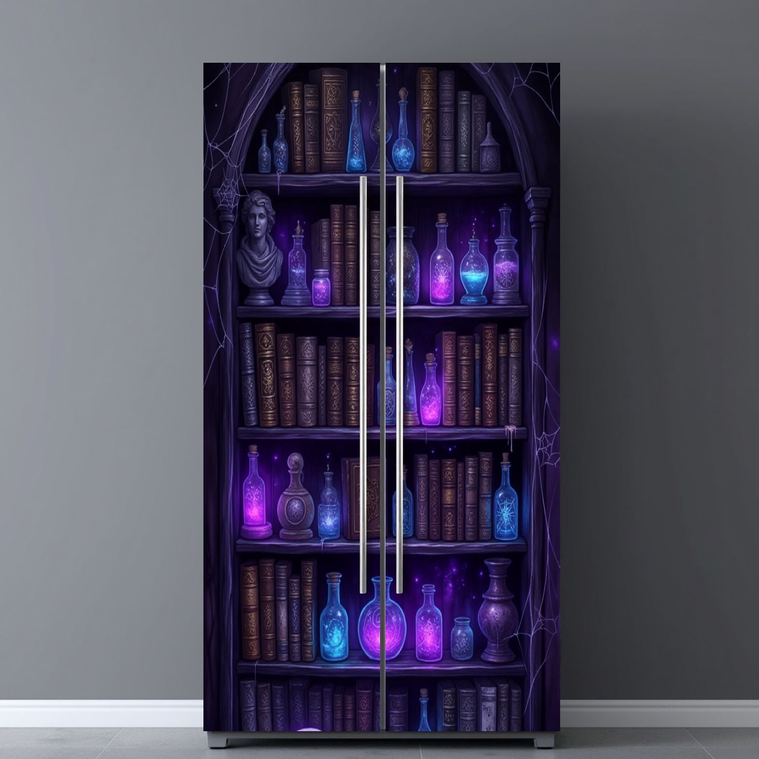 Self Adhesive Vinyl Refrigerator Wrap Set Book Shelf Gothic Spellbooks Artifacts Door Mural Removable Fridge Sticker Peel and Stick&nbsp;Full Door Cover Decal Kitchen Bar Decor