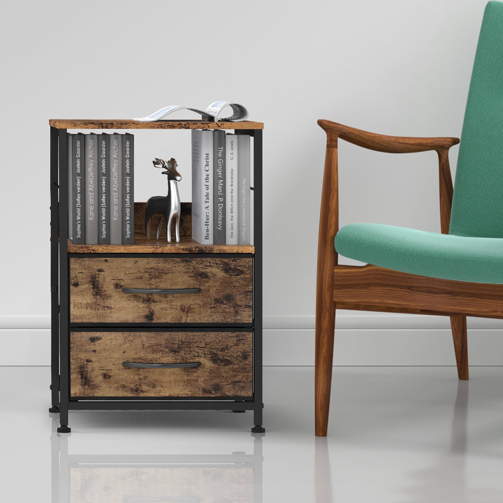 Oumilen Adult Nightstand for Bedroom End Side Table with 2 Drawers and Open Shelf Wood, Brown Set of 2