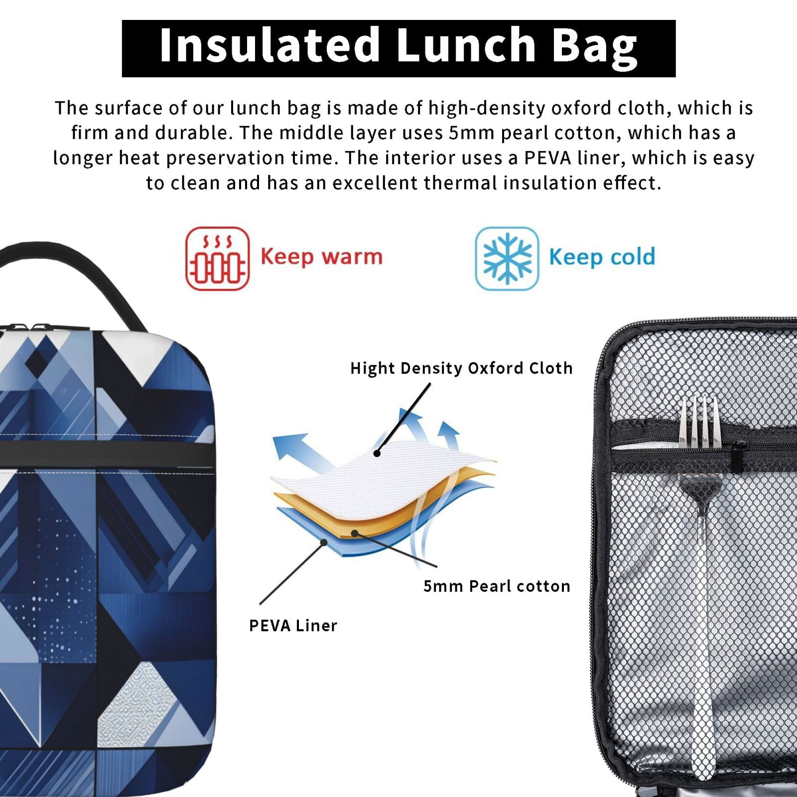 Lunch Bag For Women Men Insulated Portable Lunch Box Bento Box Office Picnic Travel Cooler Bag Midnightblue Geometric Patterns_4
