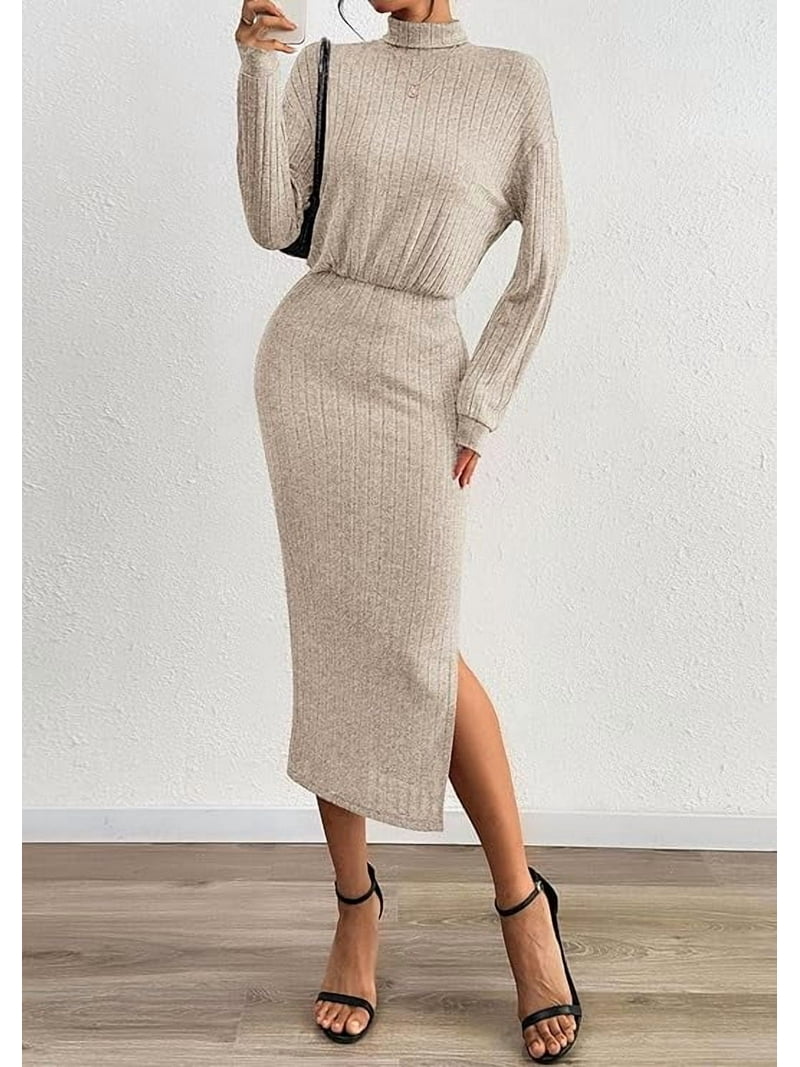 PRETTYGARDEN Turtle Neck Dresses for Women Fall Knit Outfits Slit Elastic  Waist Long Sleeve Bodycon Midi Sweater Dress - Walmart.com