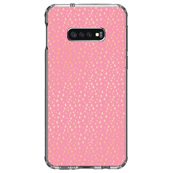 DistinctInk Clear Shockproof Hybrid Case for Samsung Galaxy S10e (5.8" Screen) - TPU Bumper, Acrylic Back, Tempered Glass Screen Protector - Pink & Gold Star Pattern