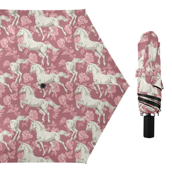White Horse and Peonies Compact Sun Umbrella Windproof Travel Umbrellas for Rain Strong Portable UV Protection