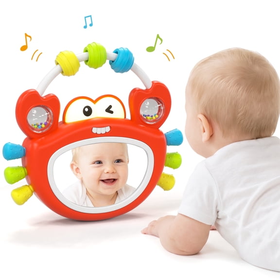 KWANITHINK Tummy Time Toys for Babies 0-6 Months, Baby Mirror Toy with Light & Music, Wobble Crab Sensory Toy with Teether & Rattle, Infant Toy for Newborn Boys Girls