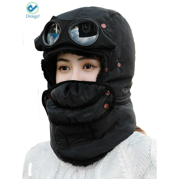 Deago Trooper Trapper Hat Winter Windproof Ski Hat with Glasses and Mask Warm Hunting Hats for Men Women (Black)