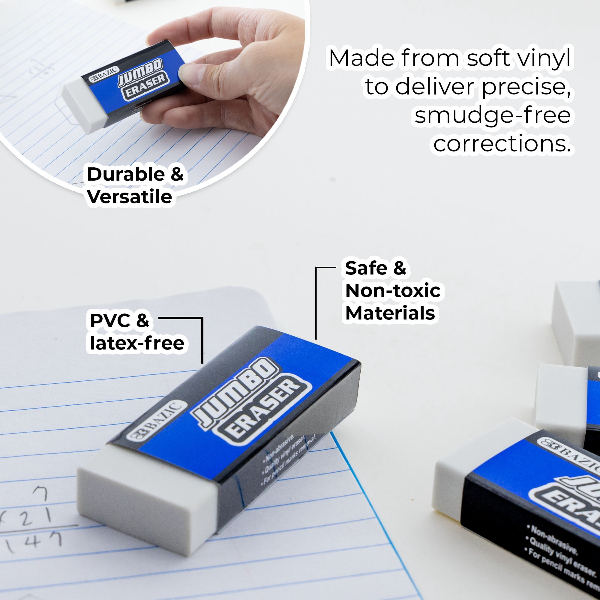 BAZIC Erasers Jumbo Vinyl Pencil Eraser Latex Free (4/Pack), 24-Packs