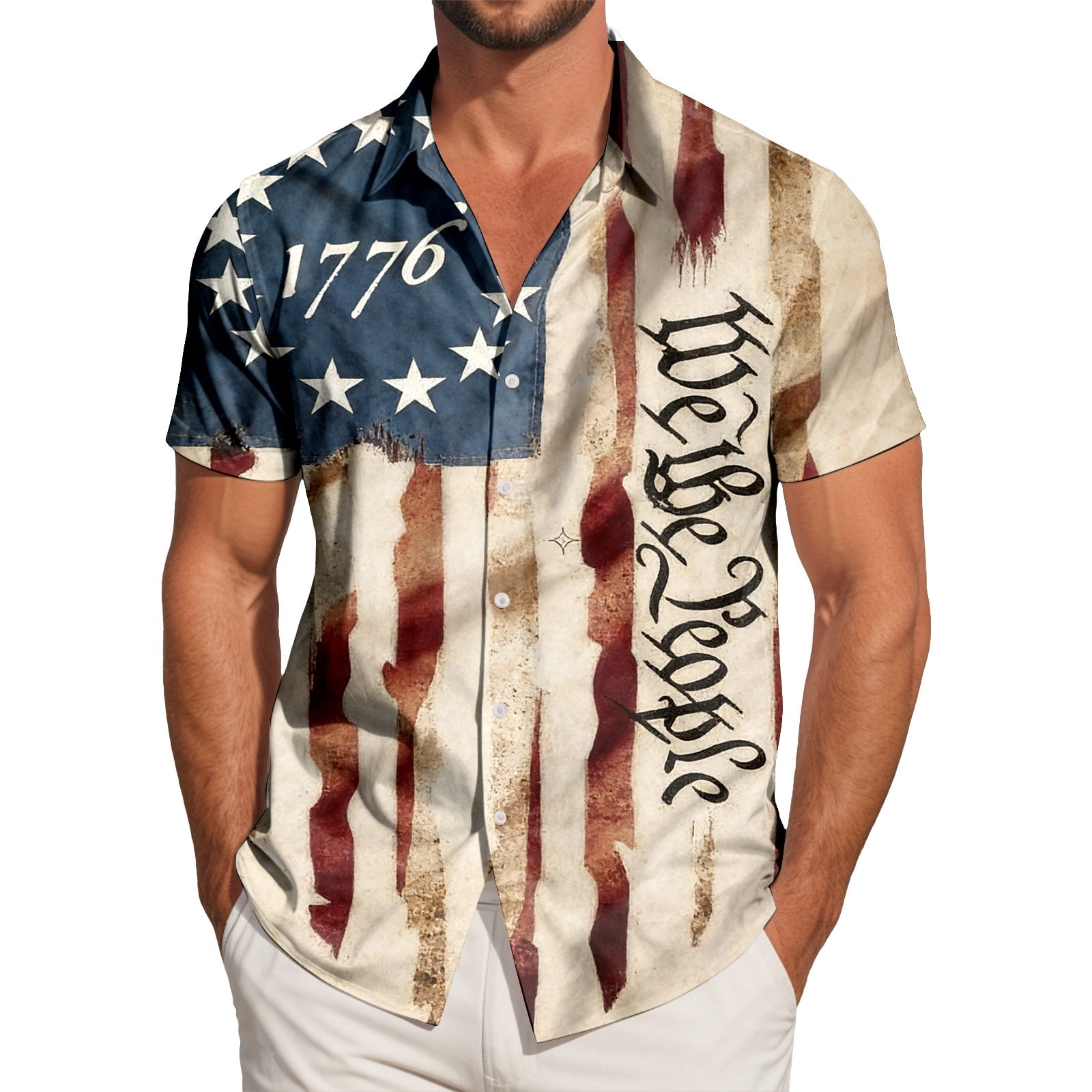 UngA 250 Year American Anniversary Shirt, Men's American Flag Patriotic Button Down Shirt USA 4th of July Short Sleeve Tshirts Shirts for Men (Beige,3XL)