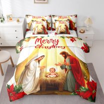 jejeloiu Happy New Year Bedding Comforter Set 7 Pieces,Christmas Religious-Themed Full Bedding Set,Marry Xmas Fitted Sheet Flat Sheet For Teens,Ultra Soft Home Decor Reversible