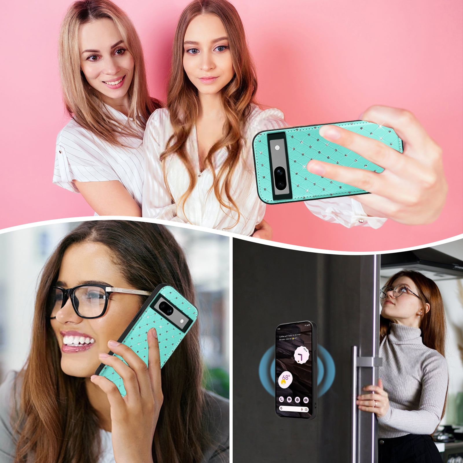 Asuwish Phone Case for Google Pixel 7A 5G 2023 Zipper Wallet Detachable Cell Cover with Tempered Glass Screen Protector Crossbody Lanyard Strap Bling Glitter Flip Card Holder Slot Pixel7A A7 Green