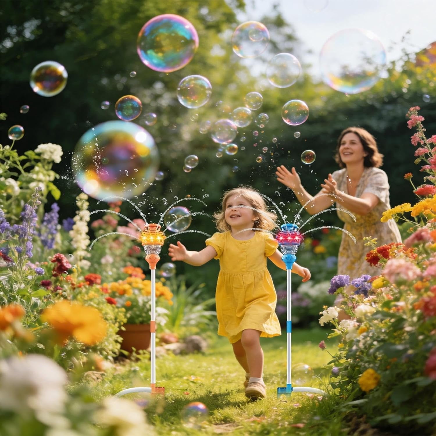 Guvpev 36" Automatic Bubble Machine Sprayer, Battery Powered Outdoor Lawn Summer Bubble Blower, Durable ABS Construction Bubble Maker for Garden, Wedding, Birthday Party & Unique Gifts, One Random