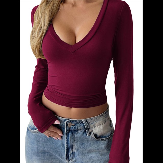Camisas de Larga para Mujer, Moda de Otoño, Cuello en V, Básicas, Tops Cortos, Entallados, Y2K, Conjuntos, Ropa. Vino Tinto XL