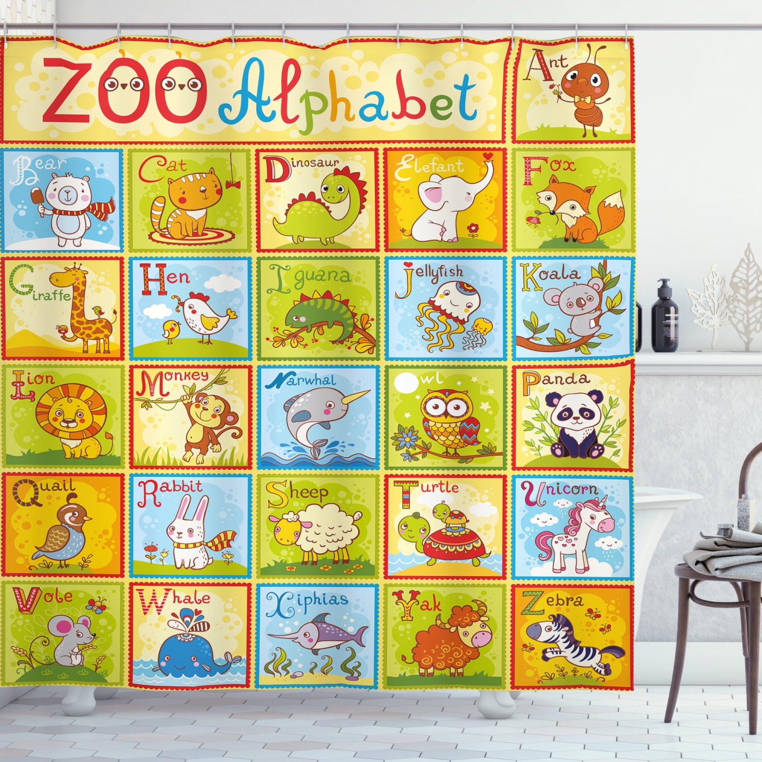 Educational Shower Curtain, Zoo Alphabet Design Colorful Style Funny Cartoon Animals Children Kids School, Fabric Bathroom Set with Hooks, 69W X 70L Inches, Multicolor, by Ambesonne