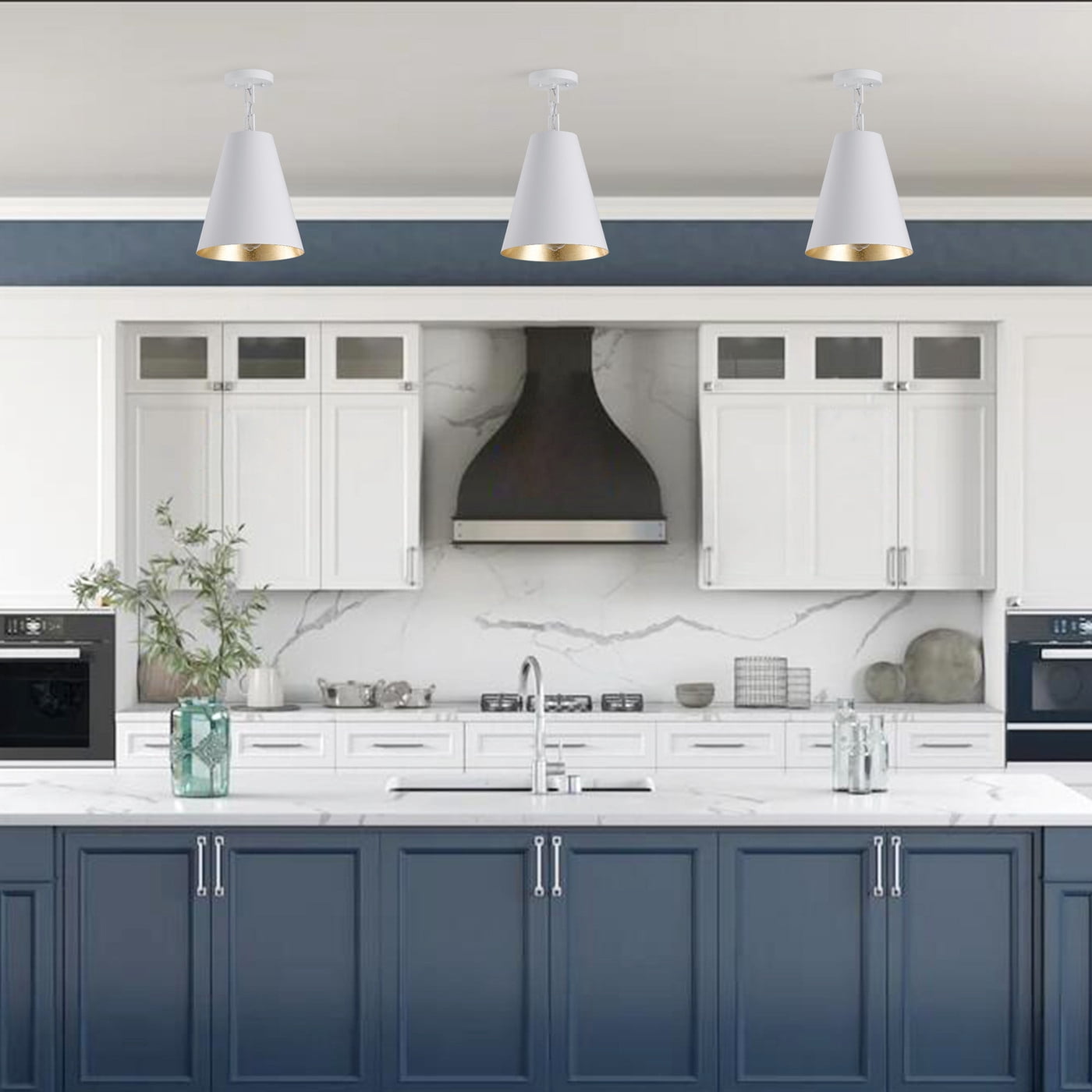 Aiwen Mid Century Semi Flush Mount Ceiling Light White Cone Metal Shade Farmhouse Ceiling Lighting For Bedroom Kitchen Island Living Room Hallway
