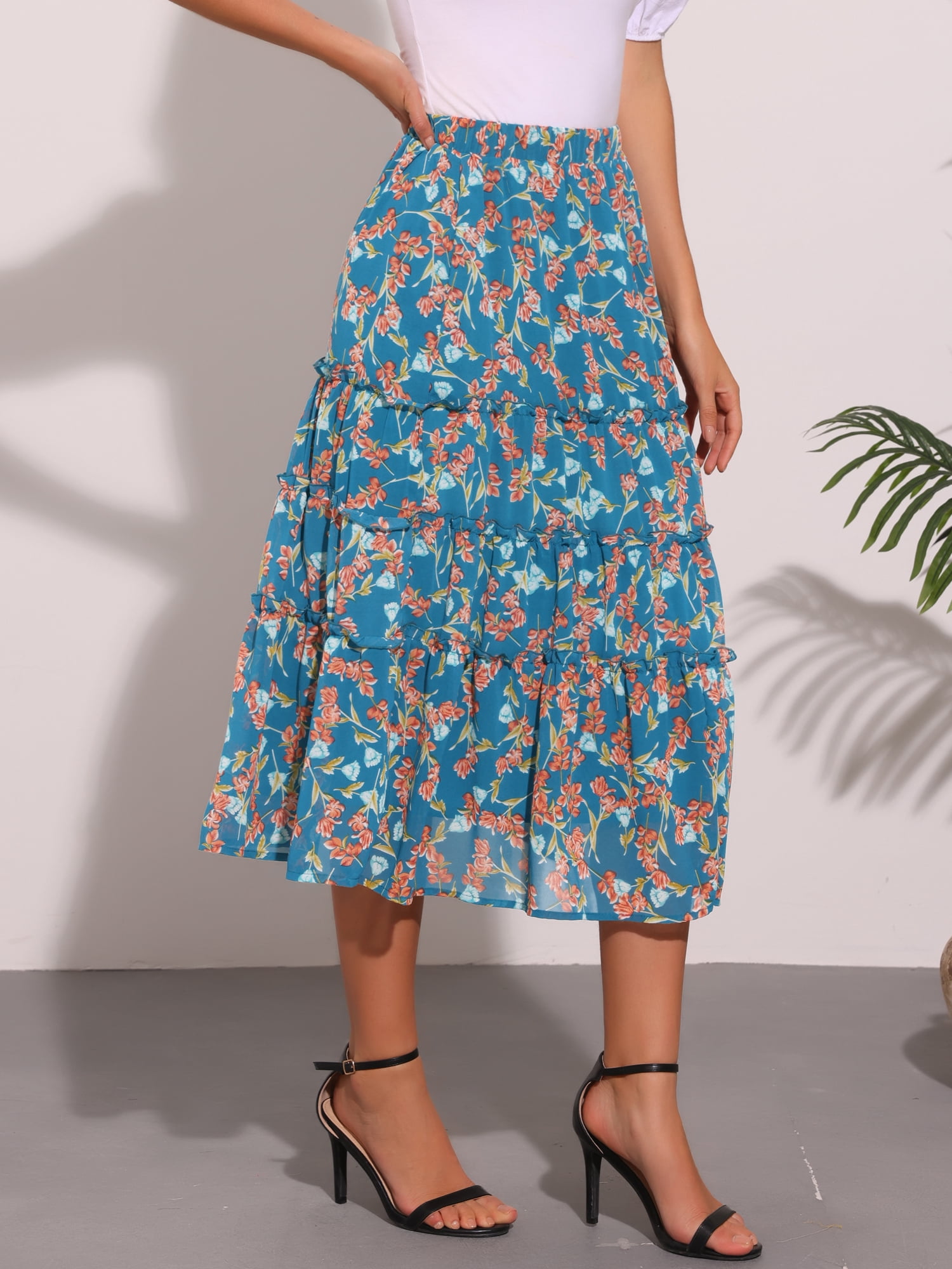 DARING DIVA Women's Chiffon Tiered A-Line Maxi Skirt S Lake Blue Flower