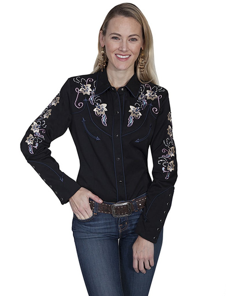 Scully Western Shirt Womens Long Sleeve Snap Floral M Black PL-859 ...