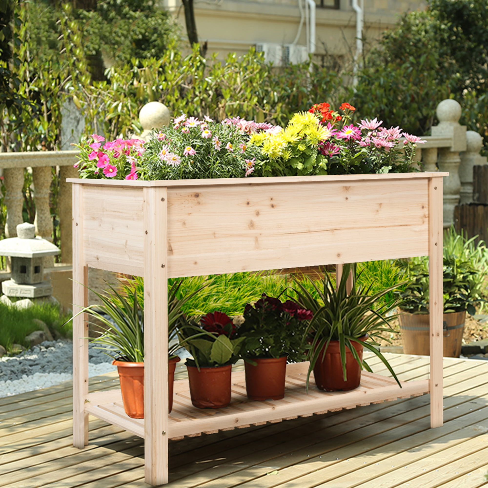 costway raised garden planter bed box stand wood elevated planter w