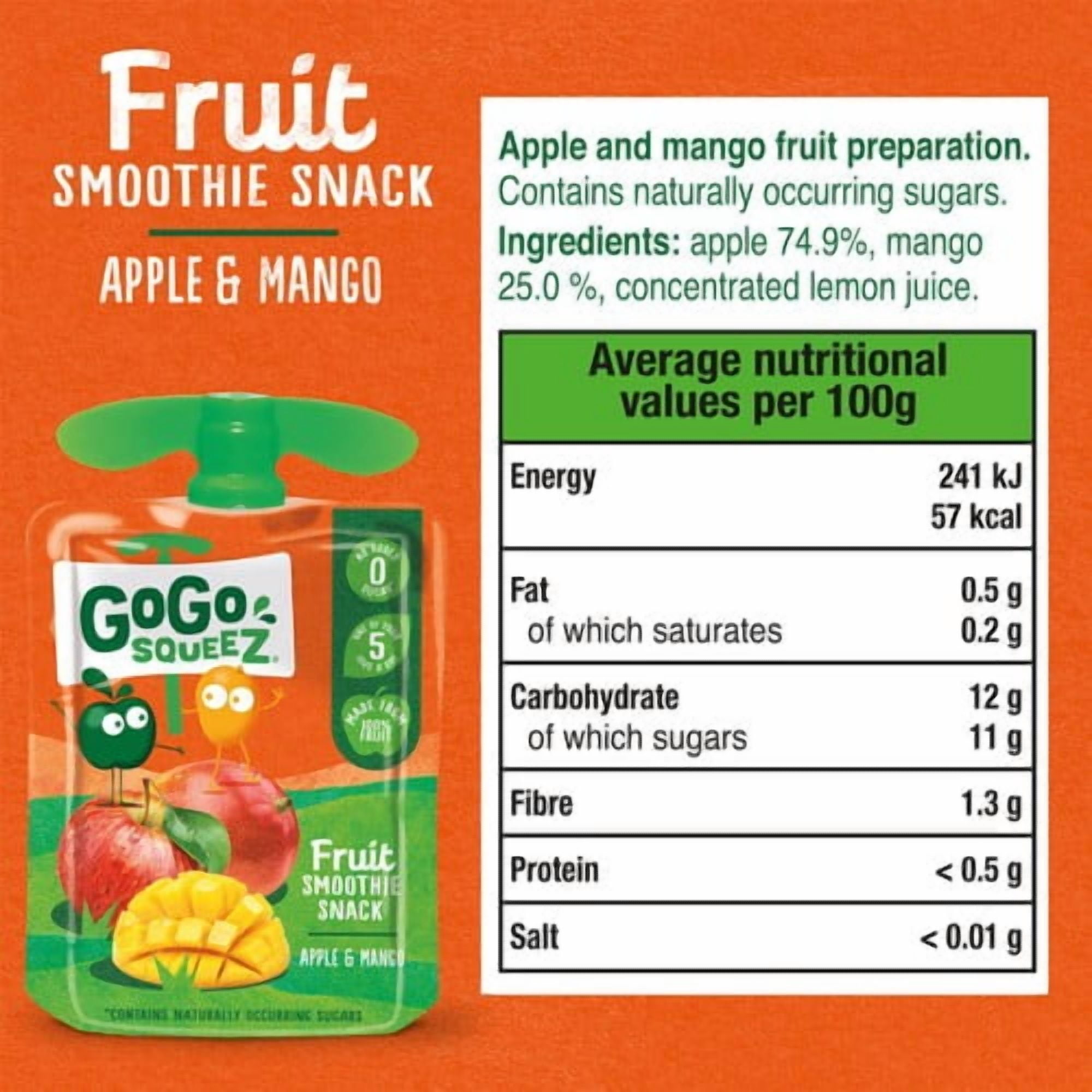 GoGo squeeZ Fruit Smoothie Snack Apple and Mango 4 x 90g, British Import (Pack of 2)
