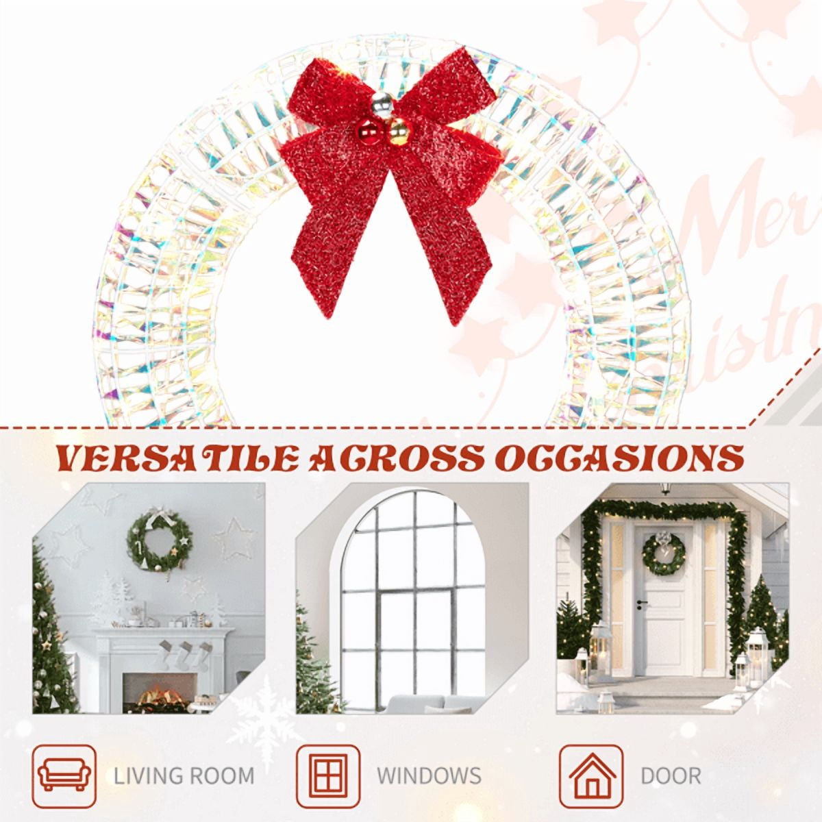 Alvantor 24 in Pre-Lit Iridescent Christmas Wreath with 110 Warm White LED Lights, Red Bow and Weather-Resistant Metal Frame