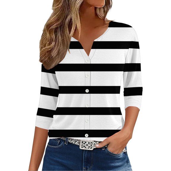yunLCZ Women's T-shirts Discounted Womens Summer Tops Fashion 2025 V Neck Print Shirts Casual Button Down 3/4 Lenght Sleeve Blouses Summer short sleeve loose fit tunics