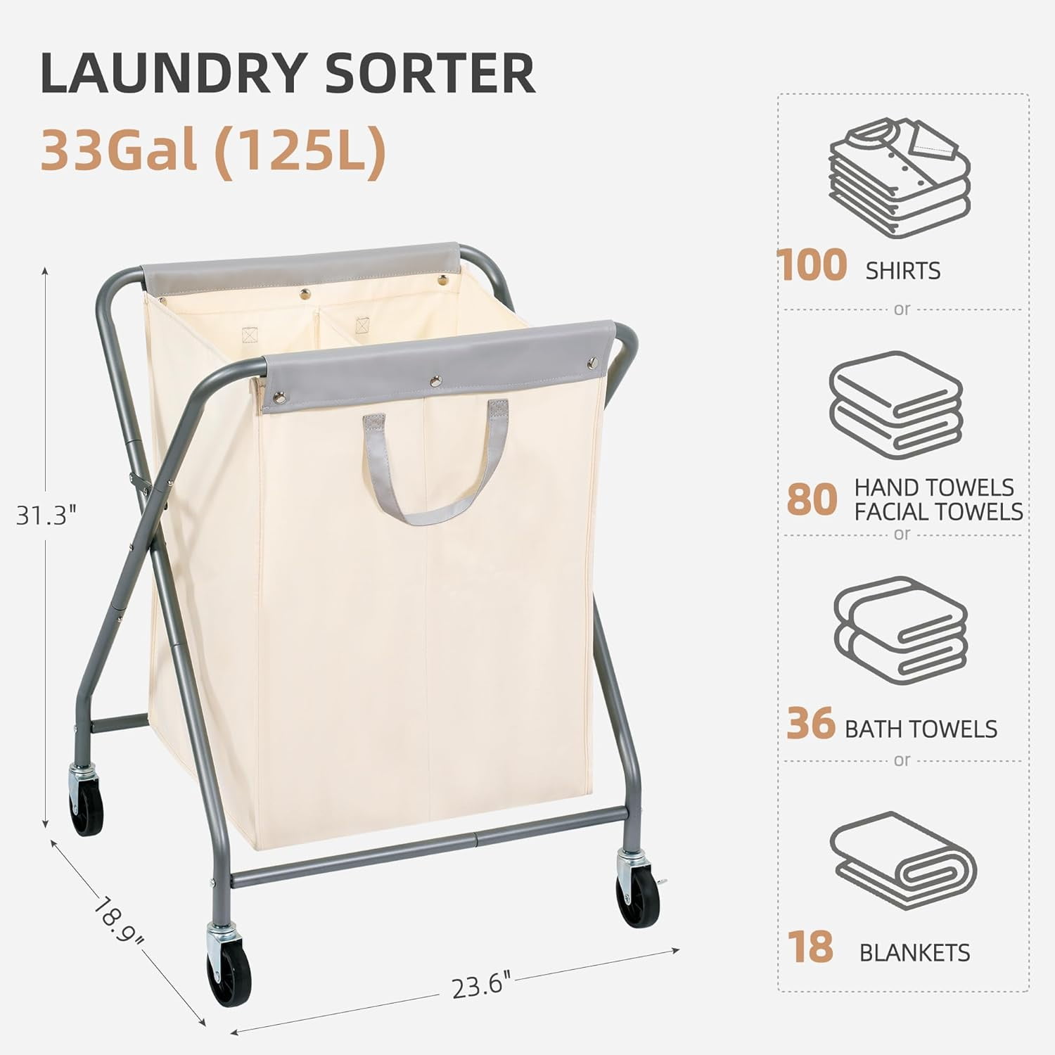 125L Collapsible Laundry Hamper with Wheels, Rolling Laundry Basket, Heavy Duty Cloth Sorter with Removable Bag, Folding X Frame Clothes Organizer Cart for Easy to Store, 2 Section