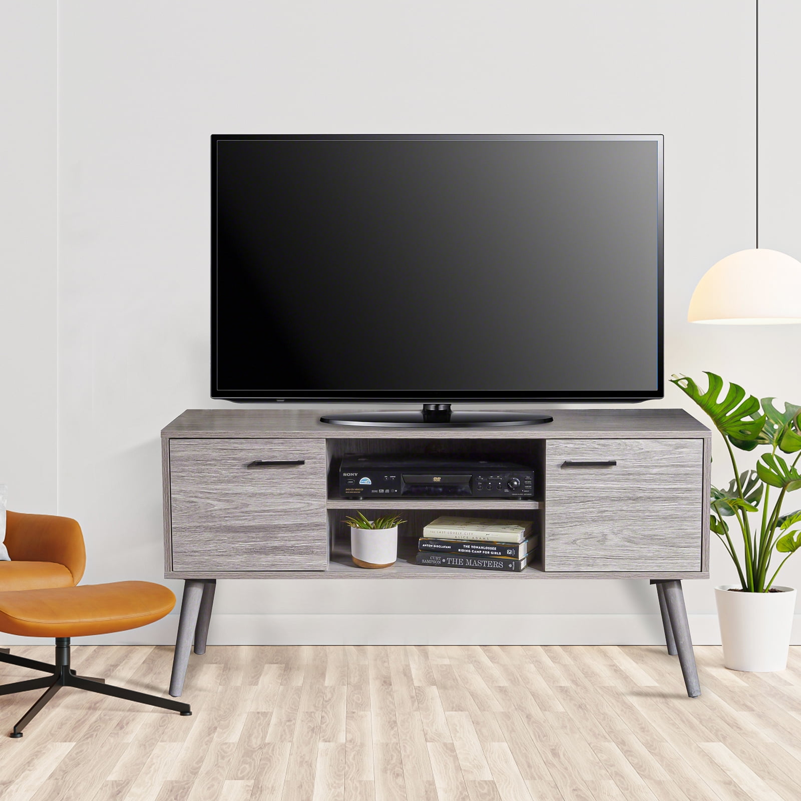 Kadyn Modern TV Stand, Mid Century TV Stand Console with 2 Cabinets & Shelves, Fiberboard TV Stand Console for Living Room, Plaid Grey Oak