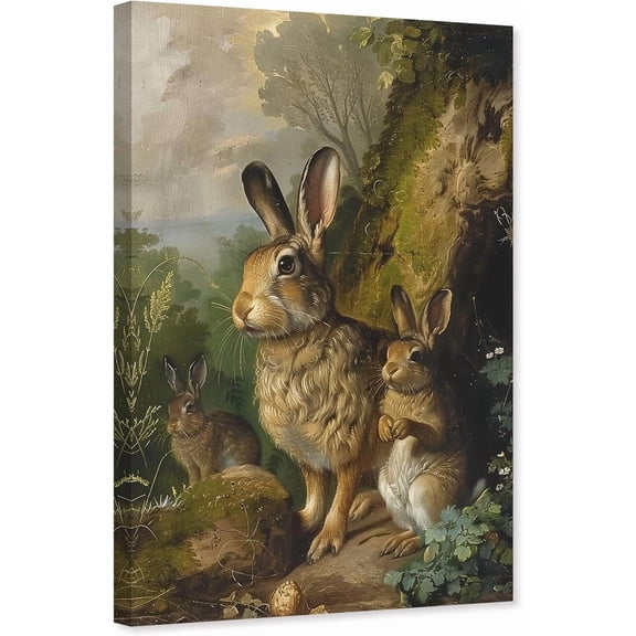 ZHONGYUTONG Vintage Rabbit Canvas Wall Art Brown Bunny Picture Print Forest Hare Easter Animal Painting for Nursery Decor Framed (12.00" x 18.00")
