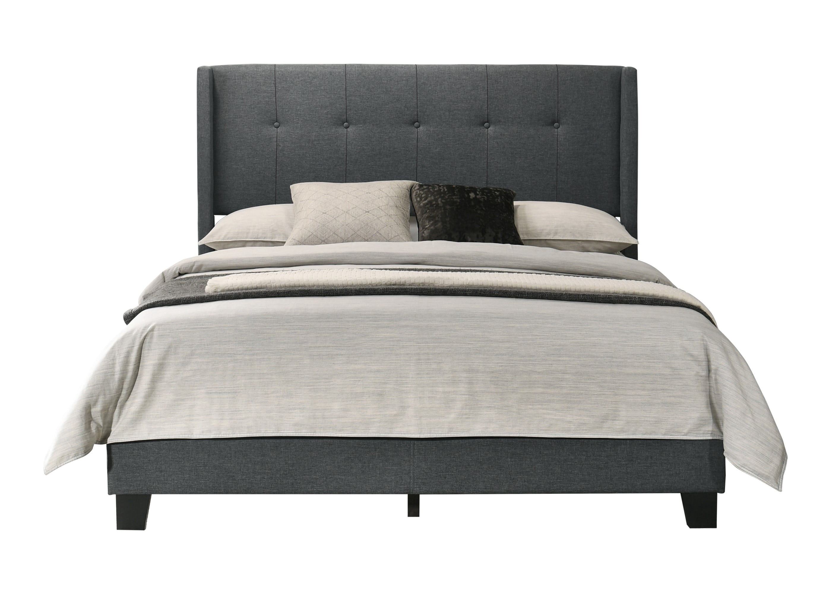 Home Design Evelyn King Upholstered Panel Bed Frame with Button Tufting and Wingback Design, Charcoal Gray, Easy Assembly