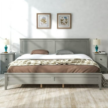 King Size Platform Bed, Solid Wood Bed Frame with Headboard and Footboard, Modern Platform Bed Frame with Slats Support for Teens Adults, No Box Spring Required, Gray