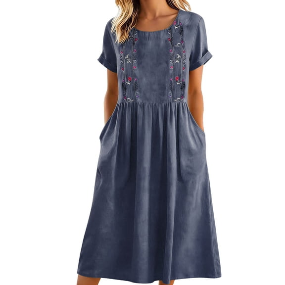 TIHLMK Women's Vintage-style Floral Embroidered Pocket Bohemian Dresses Short Sleeve Crew Neck Summer Dresses