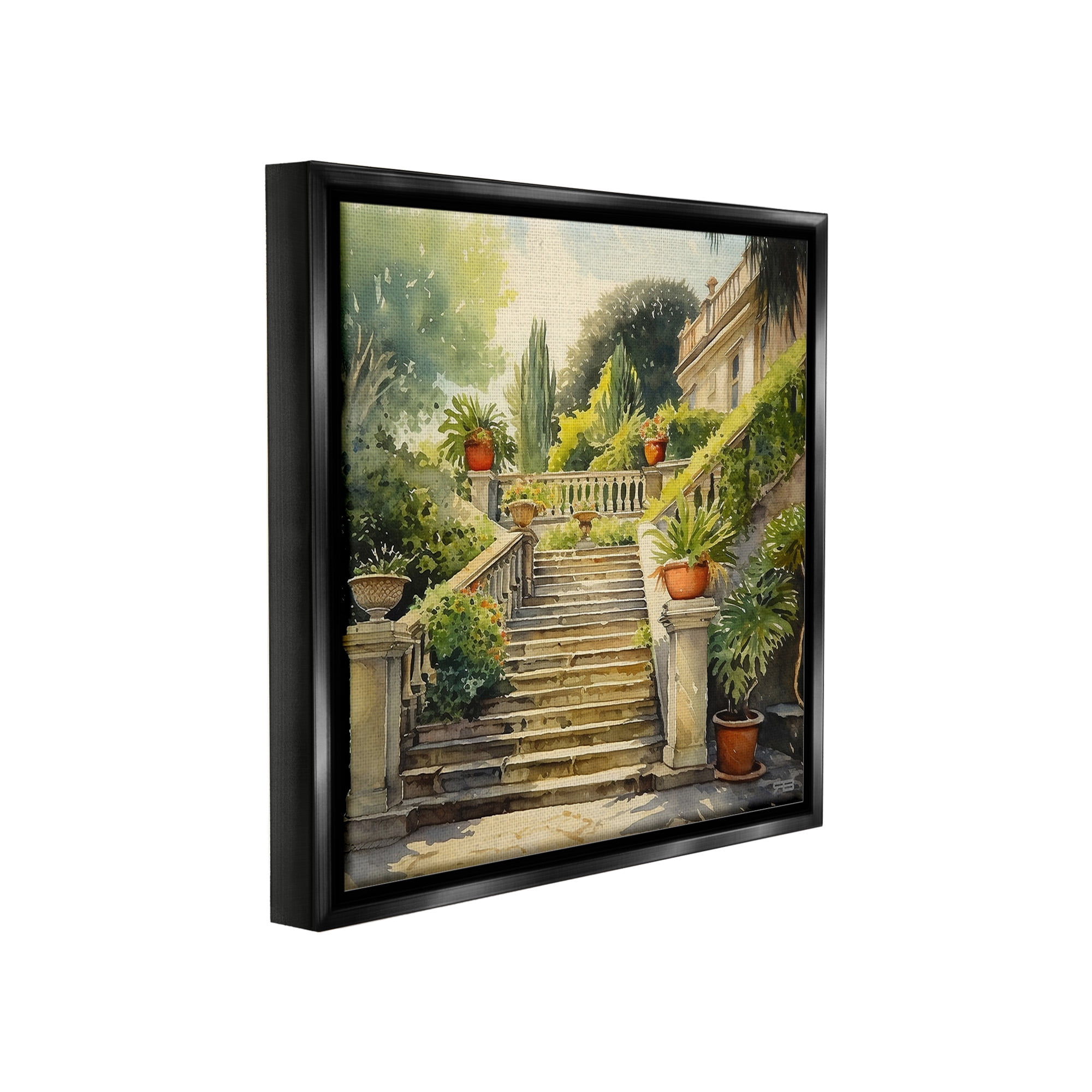Stupell Industries Luxurious Villa Stairway Botanical & Floral Painting Black Floater Framed Canvas Art Print Wall Art, 18 x 18
