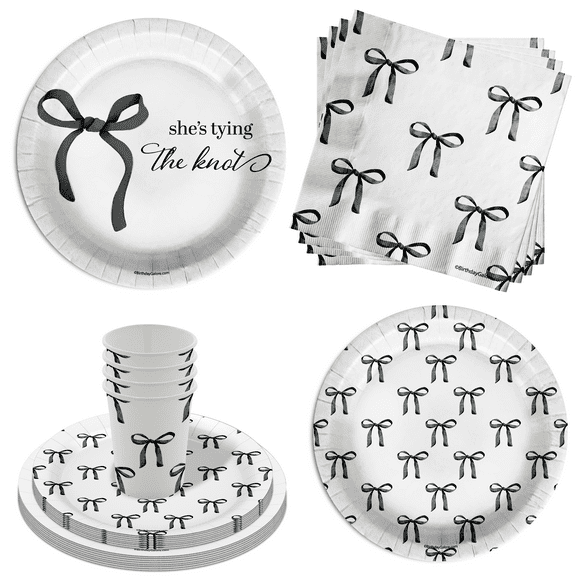 She's Tying The Knot Bridal Shower Party Supplies - 64 Piece Black Bows Bridal Shower Tableware Set Includes Large 9" Dinner Plates and 8" Dessert Paper Plates Napkins Cups - Kit for 16