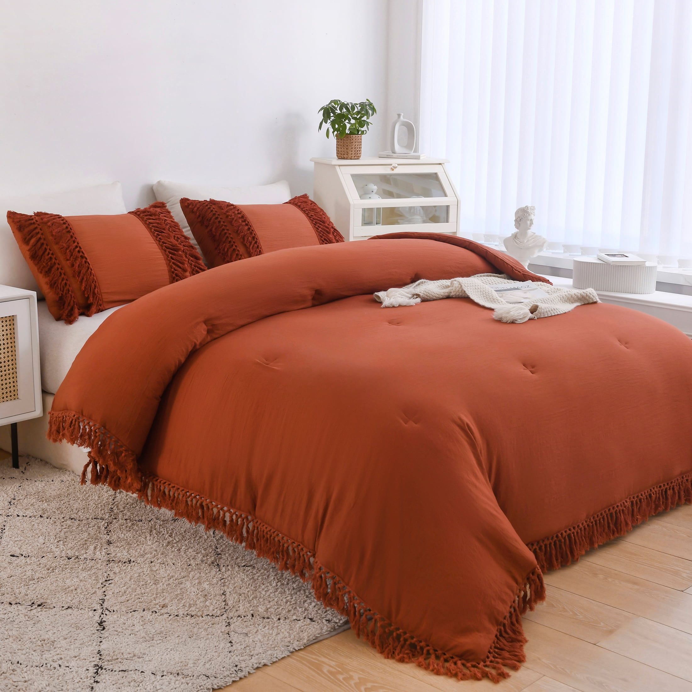 LadyAnn Terracotta Comforter with Boho Tassel King Size, Burnt Orange Rust Red Fringe Comforter