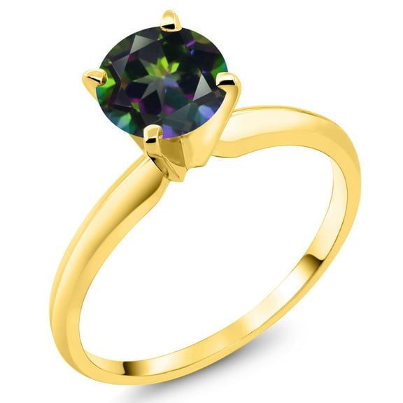 Gem Stone King 14K Yellow Gold Green Mystic Topaz Solitaire Engagement 4-Prong Ring for Women | 1.00 Cttw | Round 6MM | Gemstone Birthstone (Size 5)