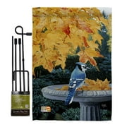 Breeze Decor BD-BI-GS-105036-IP-BO-D-US12-AL 13 x 18.5 in. Autumn Birdbath Garden Friends Birds Impressions Decorative Vertical Double Sided Flag Set with Banner Pole