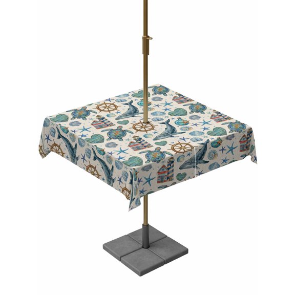 Outdoor Tablecloth with Umbrella Hole for Patio/Picnic/Party/Camping, Teal Coastal Waterproof Table Cloth Square Cover Washable, Nautical Whale Shell Starfish Ocean (60"x 60")