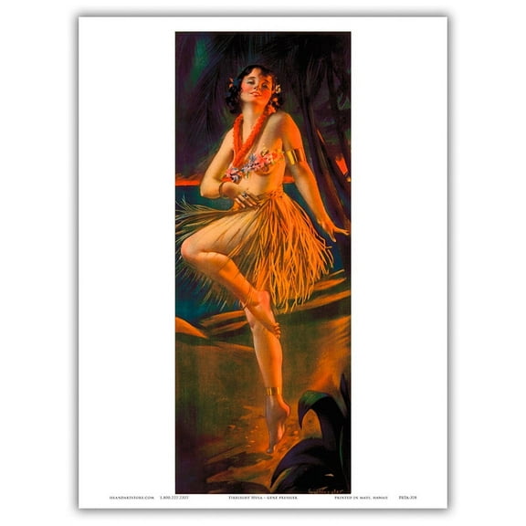 Firelight Hula - Hawaiian Pin Up Girl - Vintage Yard-Long Print by Gene Pressler c.1920s - Master Art Print (Unframed) 9in x 12in