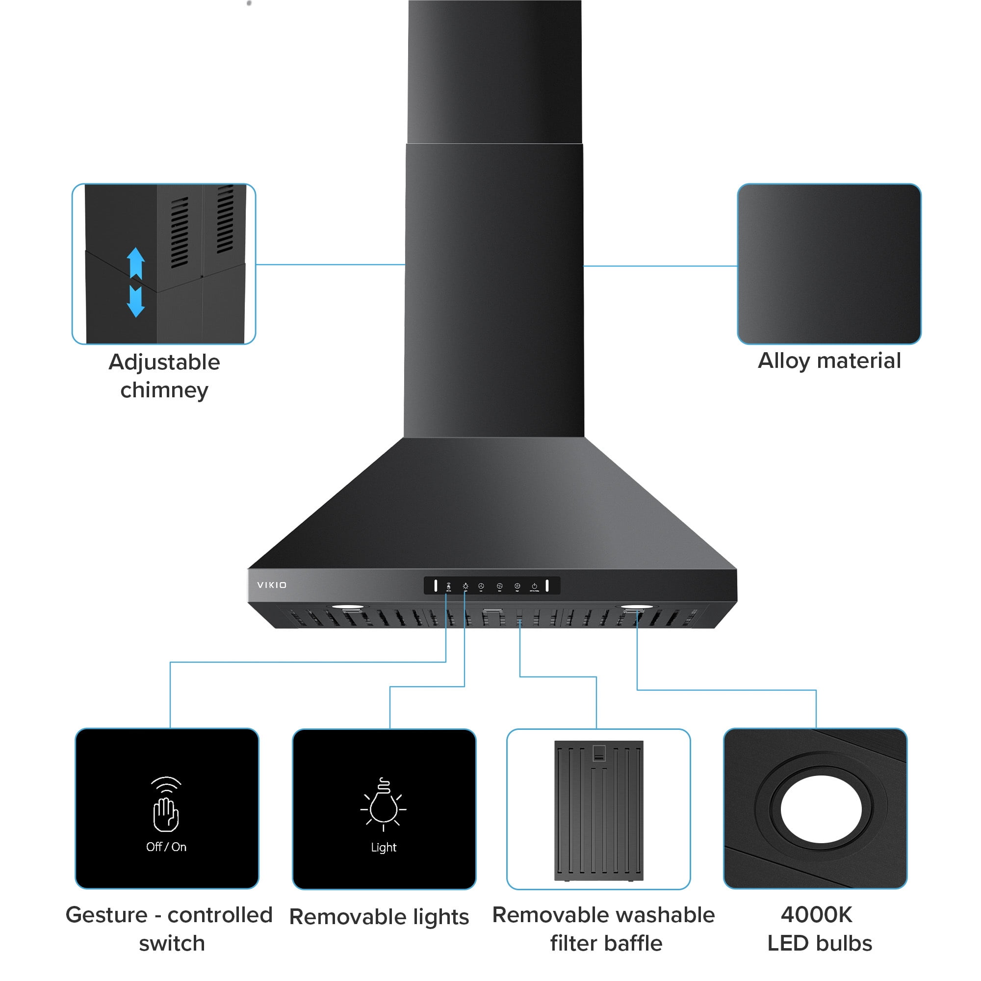 VIKIO 30 inch Wall Mount Range Hood 900CFM Convertible Ducted to Ductless Exhaust Fan, Carbon Filter, Touch Panel, Stainless Steel, Black