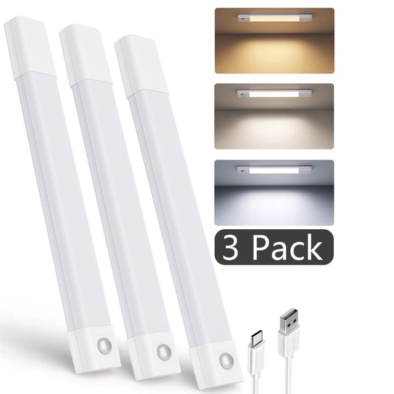 EZVALO Under Cabinet Lights, 50 LED Motion Sensor Light Indoor, 3 Color & Stepless Dimmable Closet Lights, USB Rechargeable Under Counter Lights , Magnetic Light for Kitchen, Pantry - 3 Pack