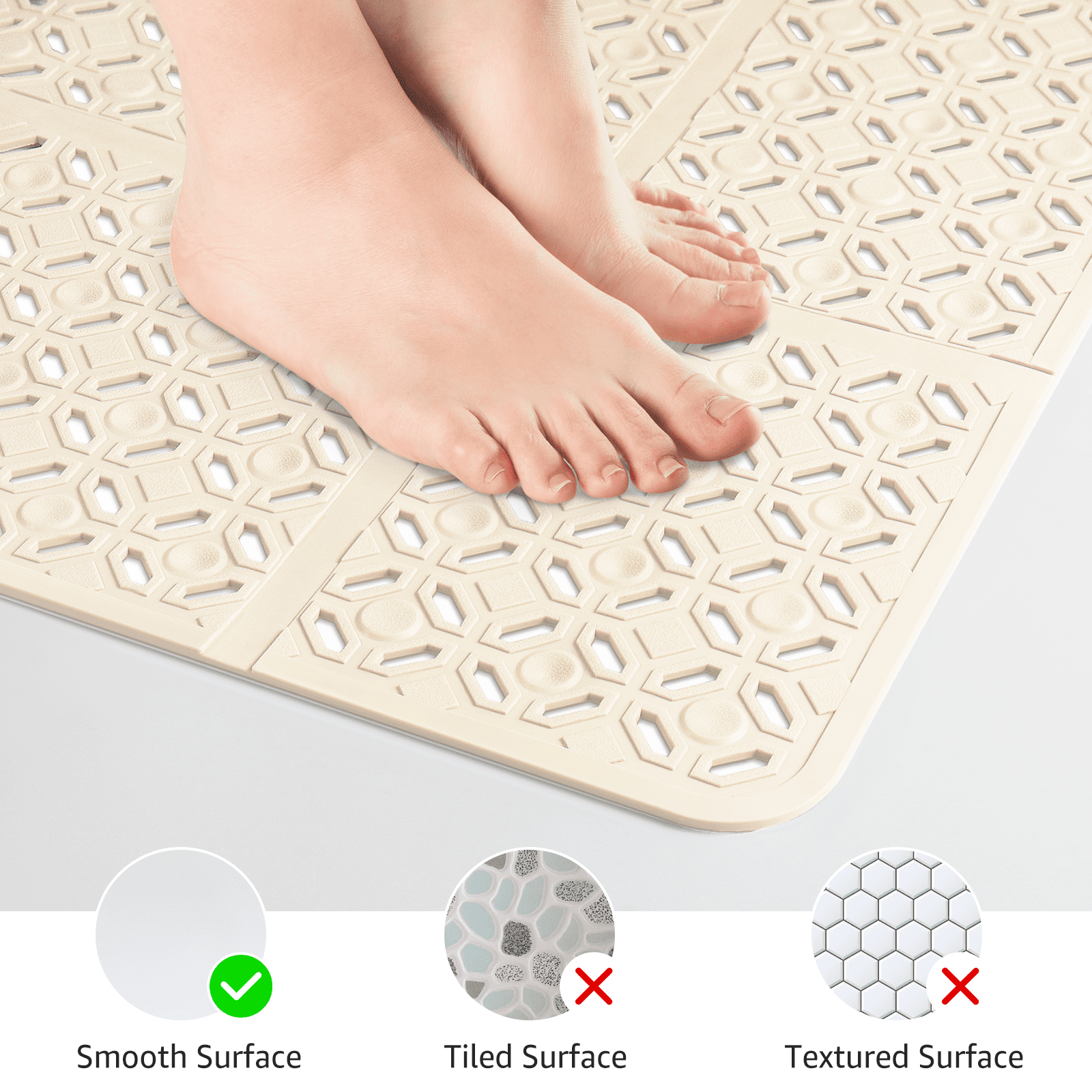 Yolife 27" x 27" Square Shower Mat, Non-Slip TPE Bath Mat with Drain Hole & Suction Cups, Machine Washable Soft Floor Mat for Tub or Stall,Beige