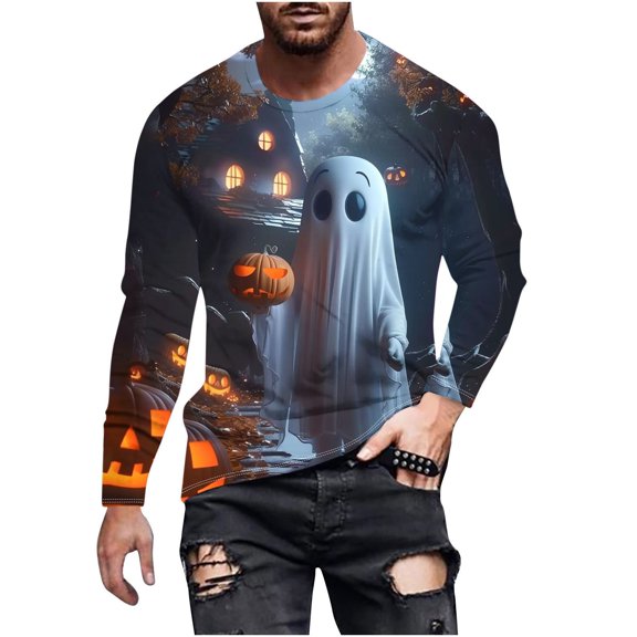 Raeneomay Long Sleeve Shirts for Men Halloween Printed Top Casual Long Sleeved Round Neck Top