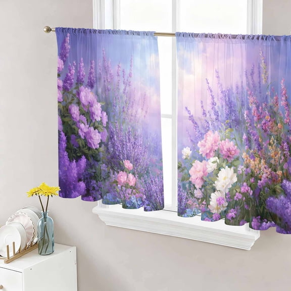 Purple Lavender Sheer Curtains 54 Inch Length 2 Panels Set Window Treatments, Spring Watercolor Country Wildflowers Rod Pocket Semi Curtains for Living Room/Bedroom/Kitchen Décor, 104"W x 54"L