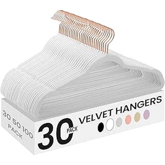 SONGMICS Juego de 30 Perchas de Terciopelo, 41.5 cm de Largo, con Ganchos Giratorios de 360°, para Camisas de Abrigo Completas, Blanco